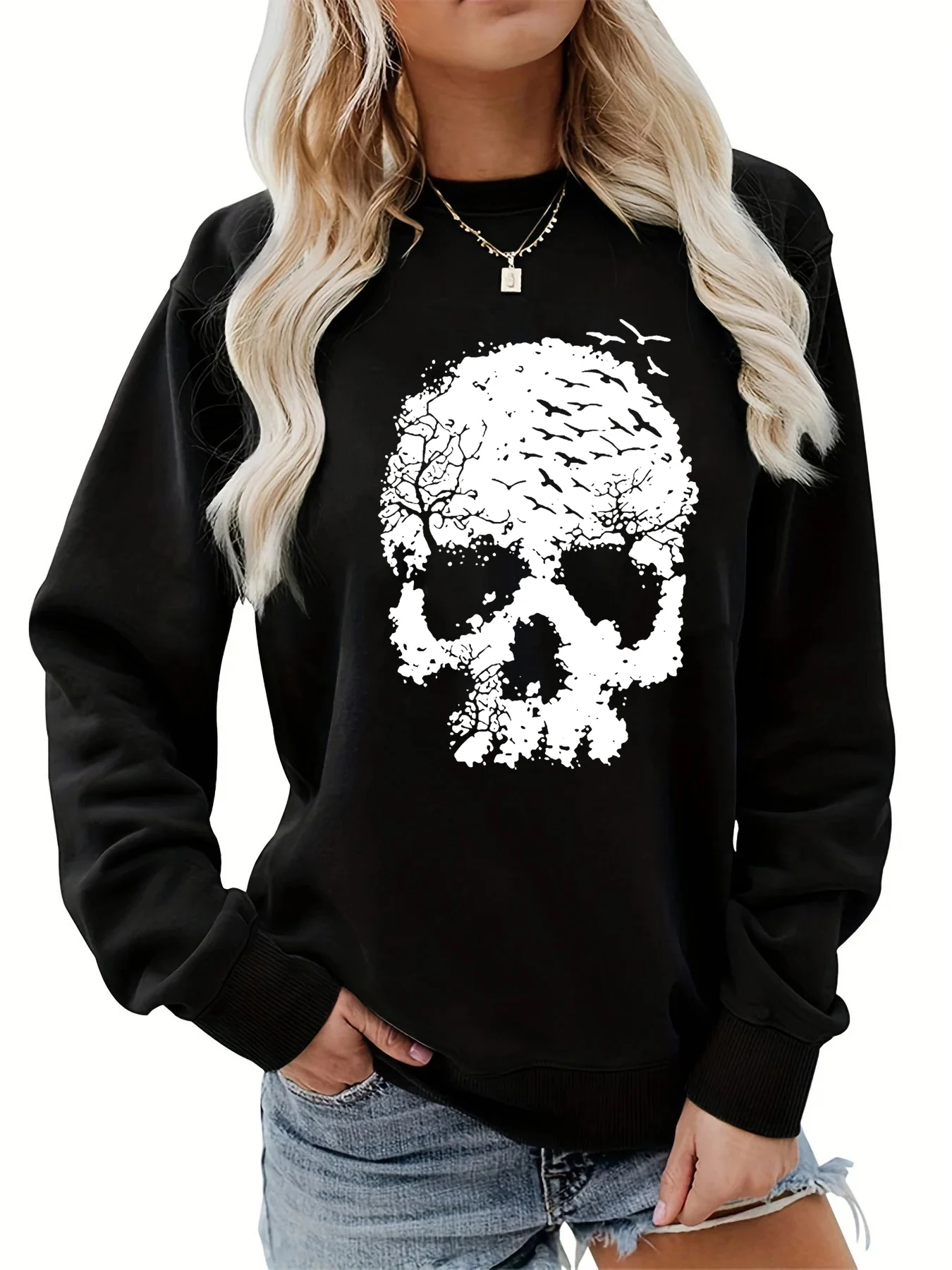 

Женский осенне-зимний повседневный модный свободный и удобный теплый пуловер с круглым вырезом и длинными рукавами с рисунком черепа
