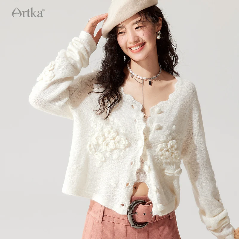 ARTKA 2023 Autumn New Elegant Handmade Crochet Flower Wool Knitted Sweater Long Sleeve White Cardigan Outerwear Female WB92332Q