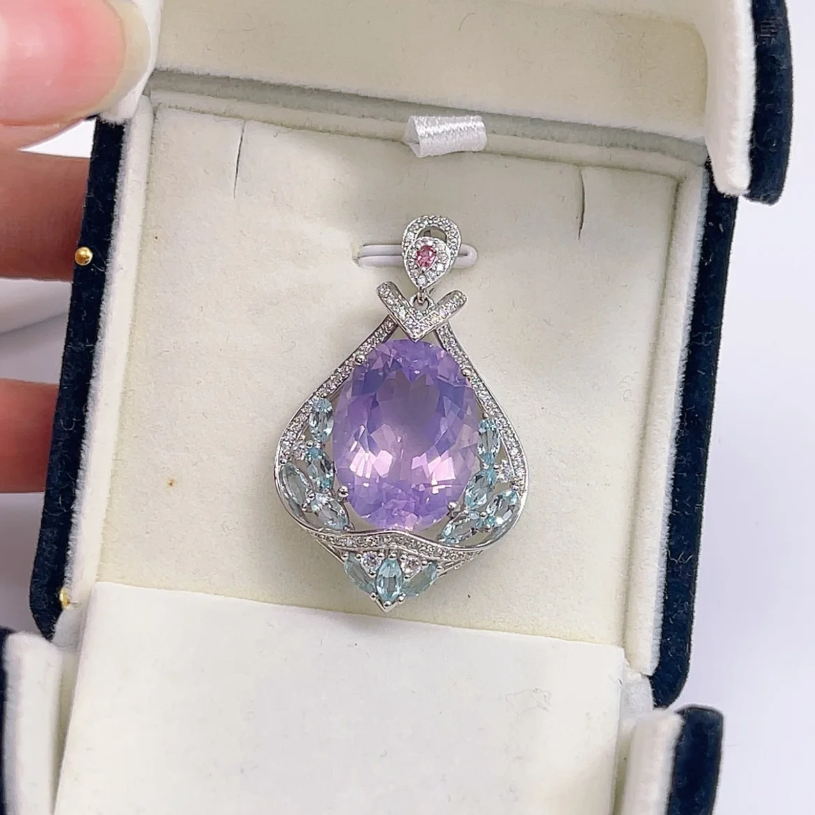 Vintage Natural Lavender Amethyst Pendant S925 Silver Platinum Plated Multi Gemstone Pendant Jewelry, Chain Not Included