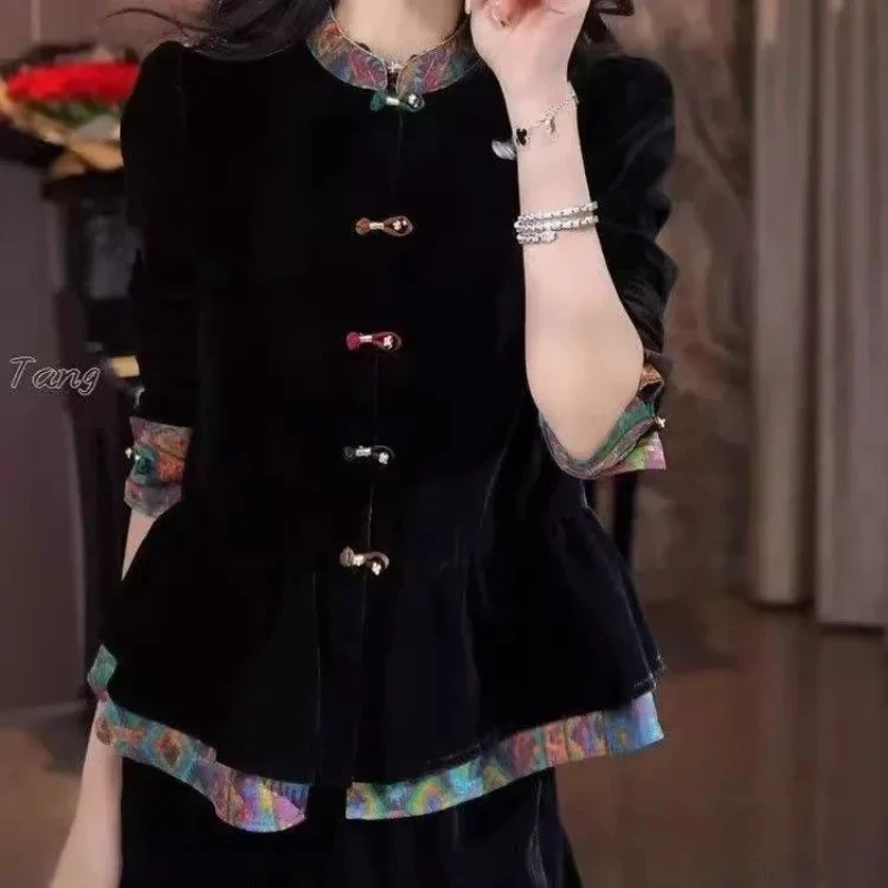 

Fashion Round Neck Splicing Fake Two-piece Printed Shirt Women's Autumn and Winter New All-match Top Commuter Shirt