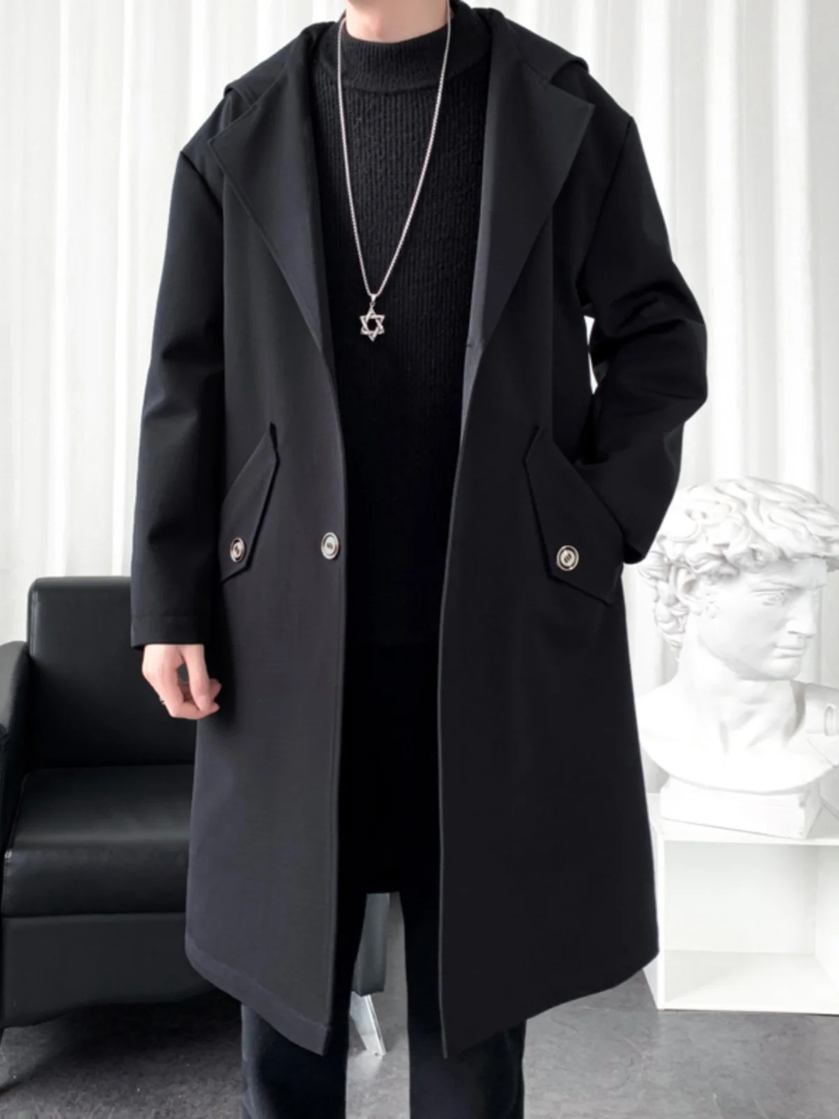 

Men's Long Coat Spring Autumn Hooded Windbreaker Korean Sle Faionable Loose Fit Button Decorated Water-Resistant Youth Trend