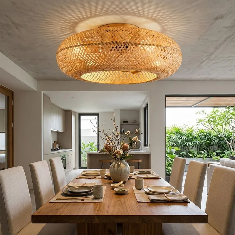Bamboo Woven Ceiling Fan Light Invisible Blade Retractable Silent Remote Control Fan Light Bedroom Dining Room Ceiling Light