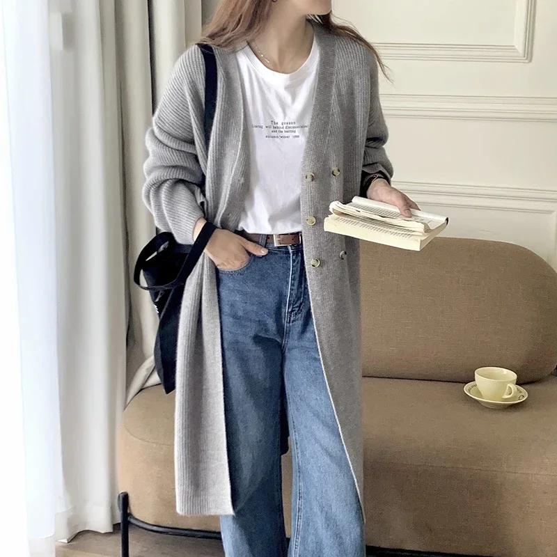 vintage loose long cardigan women autumn winter double-breast chic sweater female open streetwear Korean knitwear