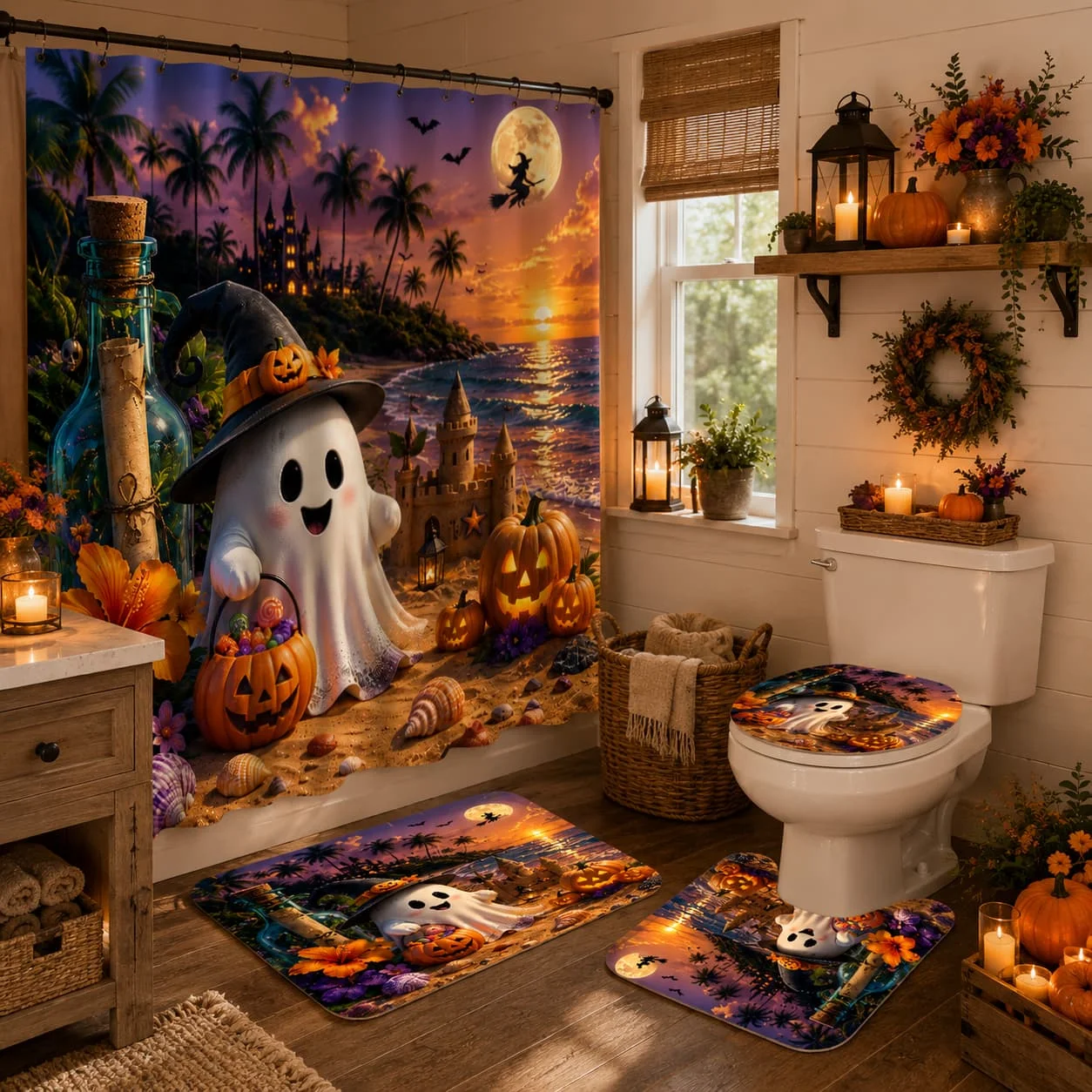 2D Flat, 4pcs 2D Flat Tropical Halloween Ghost Shower Curtain Set, Smiling Ghost And Pumpkins at Beach Sunset Bathroom Decor, Additions with, U-Shaped, Toilet Lid Cover, Shower Curtain Includes Hooks, Home Decor, Bathroom Additions