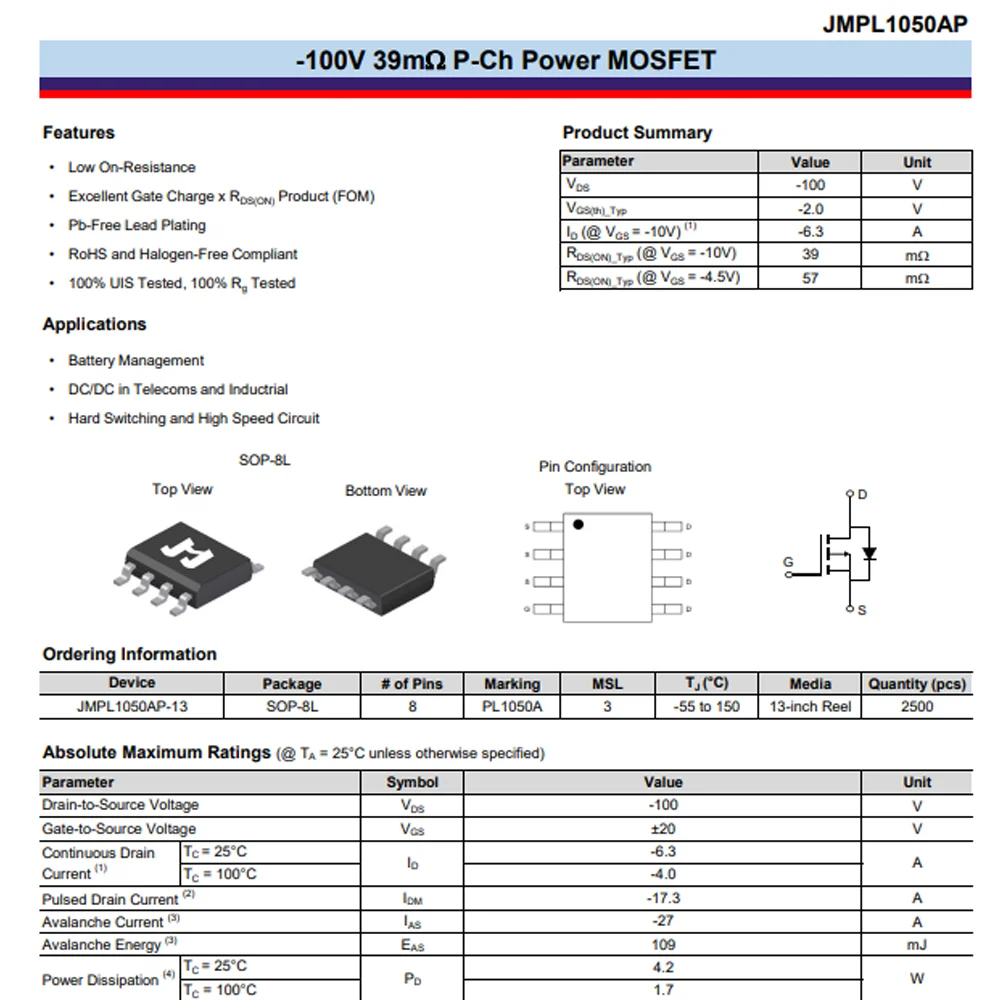 (10 pcs) JMPL1050AP-13 SOP-8L PL1050AP - P-Channel MOSFET -100V -6.3A 39mΩ