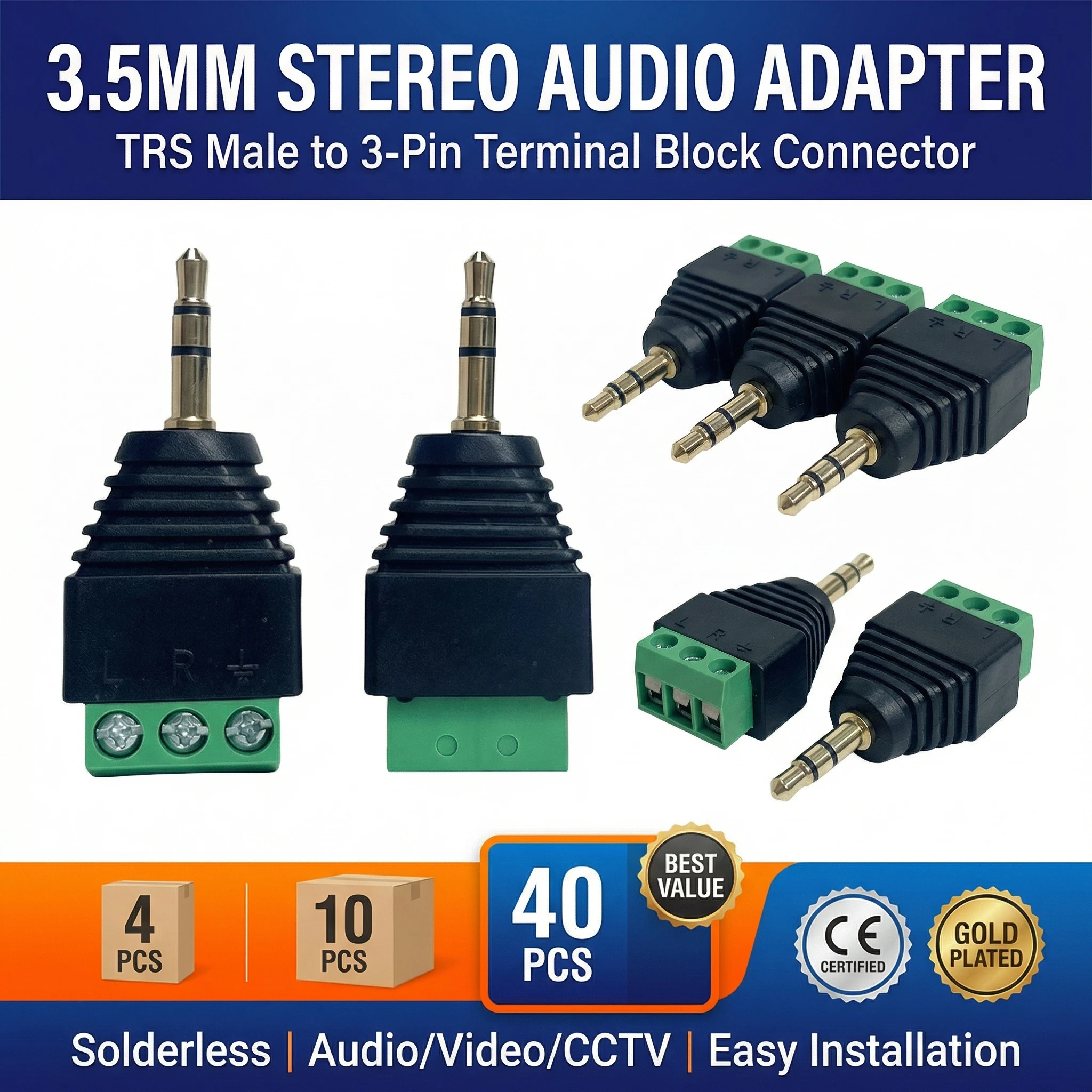 

4/10/40Pcs 3.5mm Stereo Male Plug to Screw Terminal Block Adapter, 3-Pin Audio Connector for AV, CCTV & Video Balun Wiring