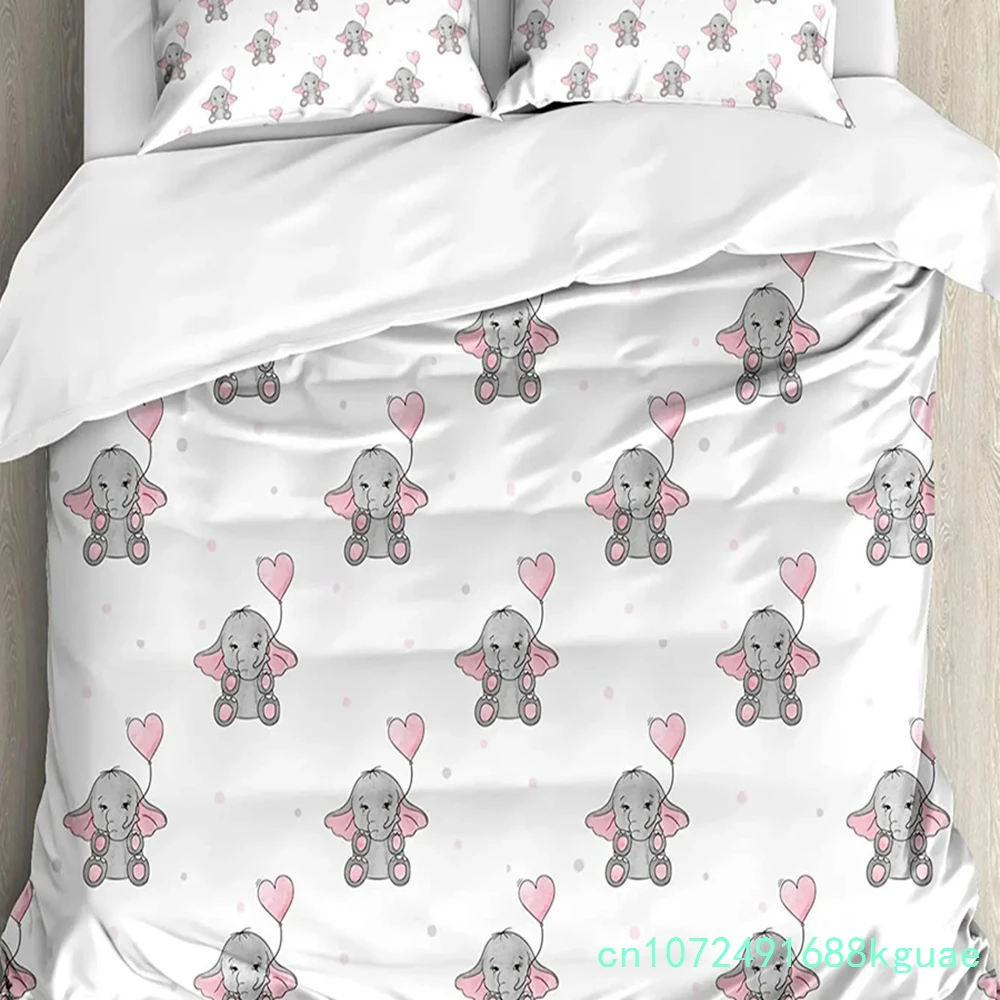 Elephant Nursery Decor Bedding Set For Bedroom Bed Home Cute Elephants Holding Heart Shape Duvet Cover Quilt Cover Pillowcase