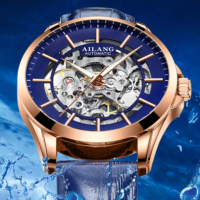 AILANG Black Skeleton Watches Men Top Brand Luxury Automatic Mechanical Male Watch Leather Waterproof Luminous Reloj Hombre