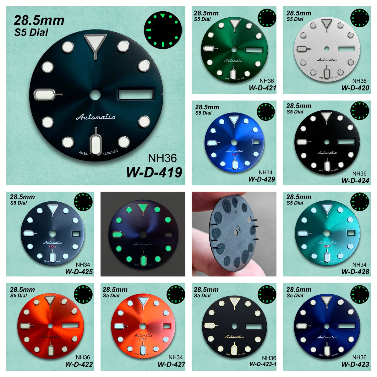 

28.5mm S5 Logo SKX007 Dial Fit NH36/4R36 Movement Green Luminous High-Quality Dual Calendar Dial Watch Modification Accessories