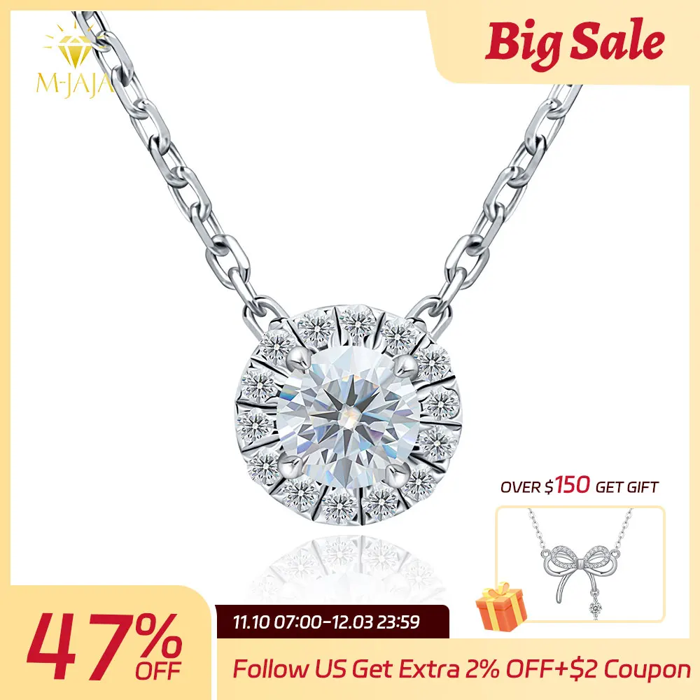 

M-JAJA Moissanite Necklace 0.5ct/1ct D Color Round Cut Pendant 18K White Gold Plated Adjustable 925 Sterling Silver Fine Jewelry