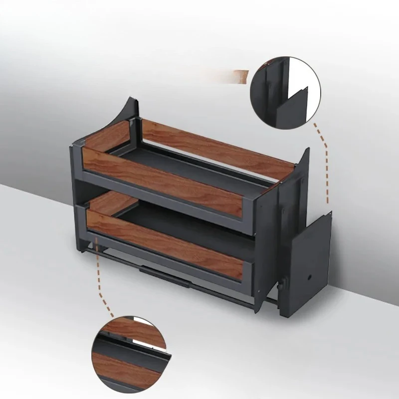Hot Selling Walnut Double Layer Storage Rack with Pull Down Kitchen Basket Space Saving Side Shelf
