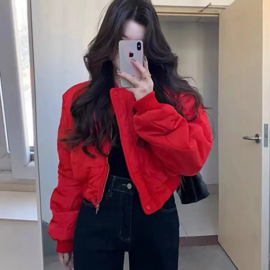 

Red Cotton Baseball Jacket Thickened Cotton Coat 2025 New Winter Cotton Padded Jacket Short Puffer Jacket