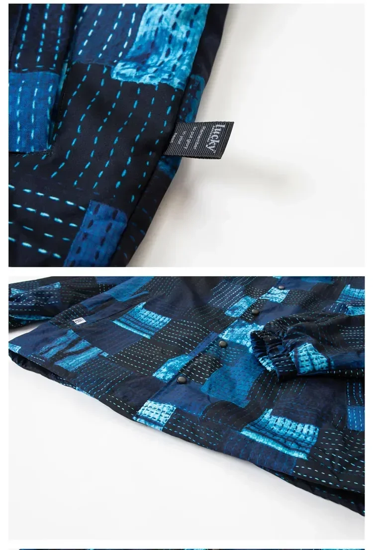 Imitation Indigo Ancient Cloth Embroidered Loose Color Block Printed Jacket Coat Men's Fashion Japan Retro Long Sleeve Outwear