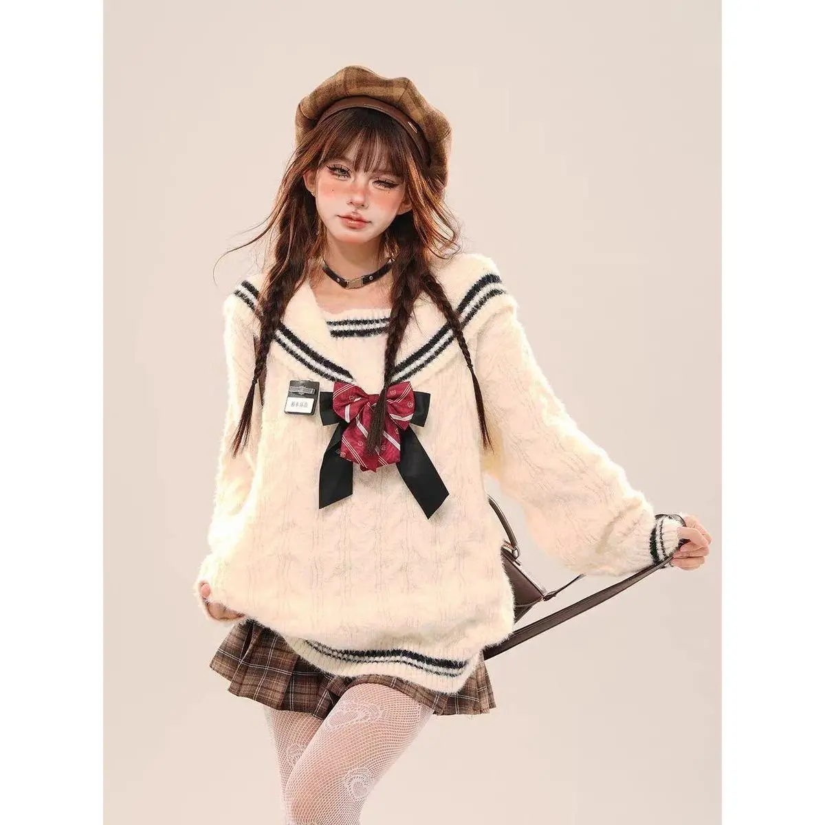 

Japan Knitted Women Preppy Style Korean Sueter Kawaii Sailor Collar Bow Patchwork Pullovers Vintage Sweet Y2k Japanese Sweaters