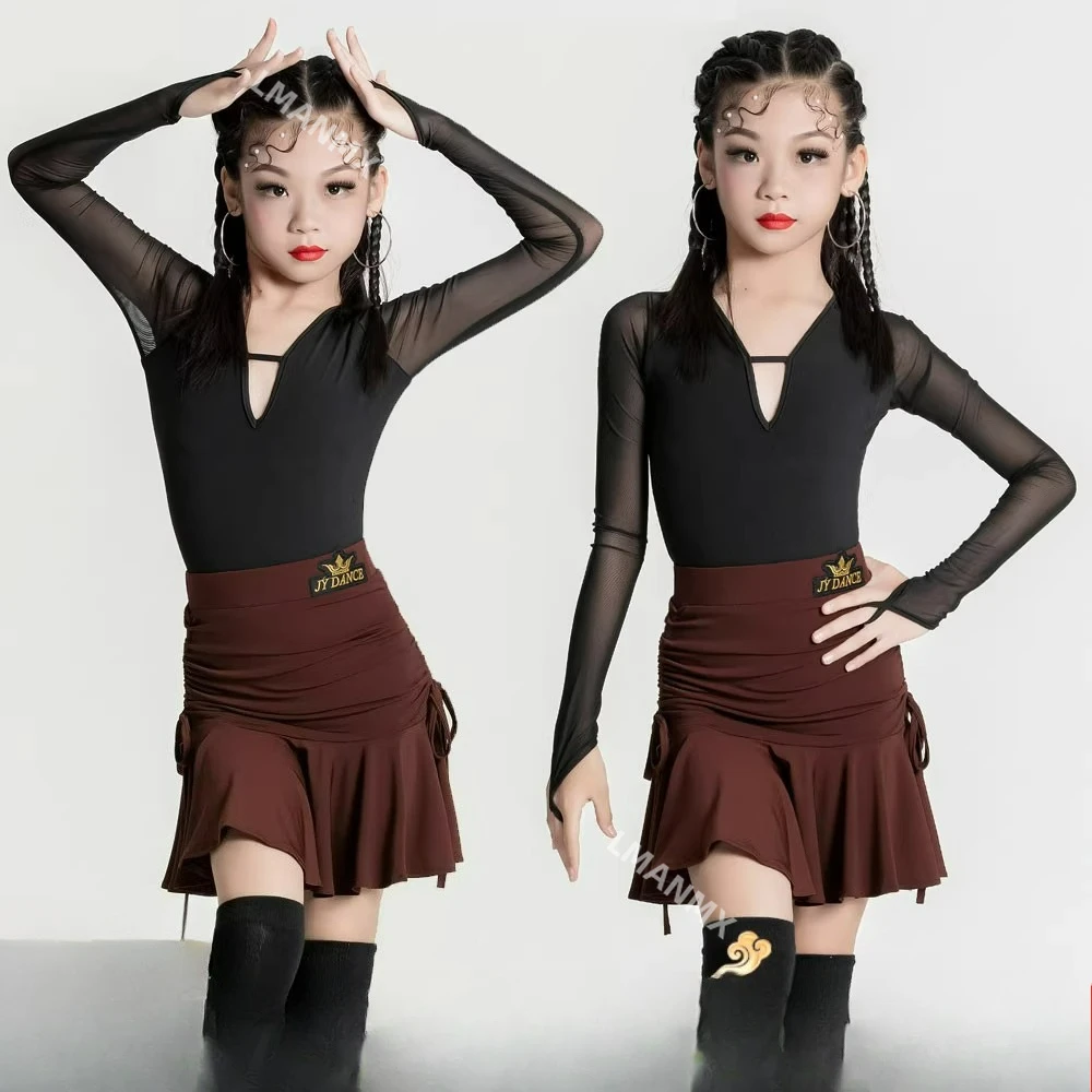 

2025 New Latin Dance Dress Girls' Mesh Top Premium Split Set Long Sleeve Dance Practice Performance Dress