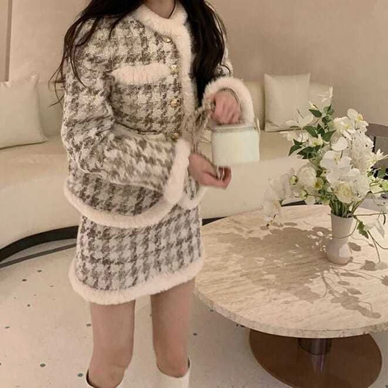 Women socialite autumn and winter new high-end plaid jacket+half skirt stylish thousand bird plaid elegant two-piece set