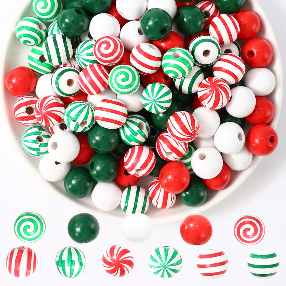 iYOE 20pcs 16mm Candy Pattern Red Green Stripes Solid Colored Spacer Wooden Beads for Jewelry Making Christmas Necklace Bracelet