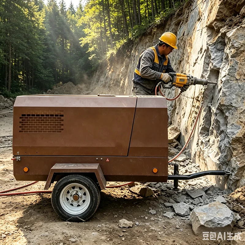 Two-Wheel Towable Diesel Screw Compressor 210CFM9bar Air Cooled for Construction Pneumatic Hammer Sandblaster