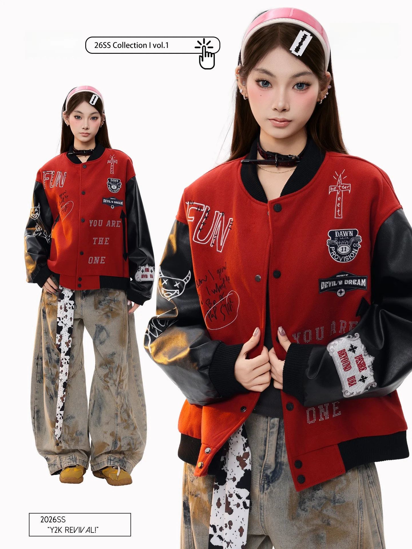 

PBB American Sle Retro Baseball Jaet Loose Fit Spor Contrast Color Men's Outerwear Embroidered PU Leather Coat