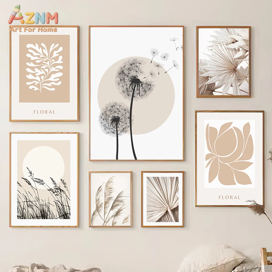 AZNM Neutral Boho Floral Canvas Wall Art Dandelion Dried Palm Grass Beige Abstract Plant Print Unframed Canvas Painting for Mini