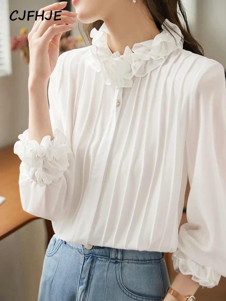 Cjfhje Hofstijl Ruches Design High-End Witte Shirts Vrouwen Elegant Kantoor Dames Ruches Lange Mouw Knoop Blouse S-XXL