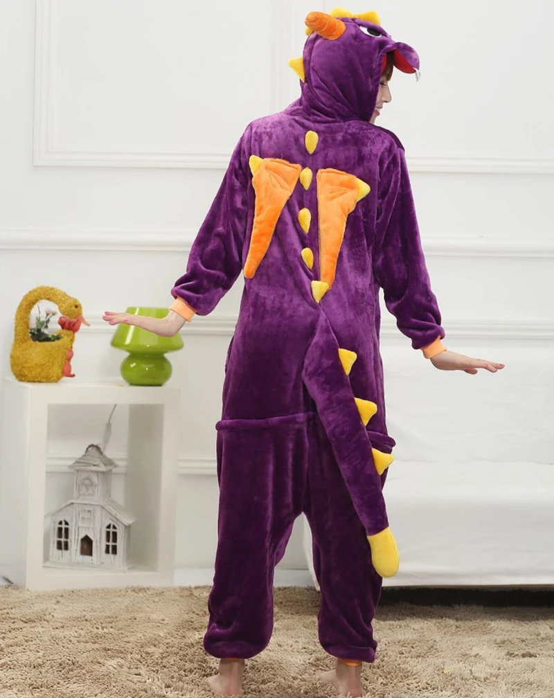 Família inverno uma peça roxo dinossauro desenhos animados pijamas com dois chifres de dragão asas poliéster quente confortável sleepwear cosplay