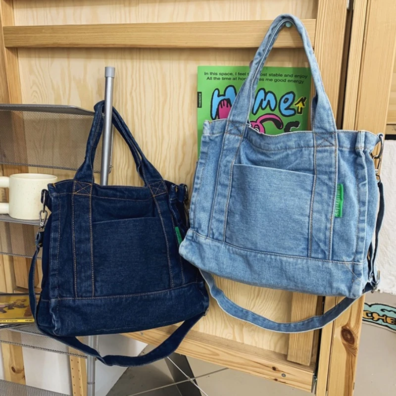 

Thread Design Denim Shoulder Bags for Women Casual Portable College Girls Book Tote Handbags Commuter Female Retro Crossbody Bag