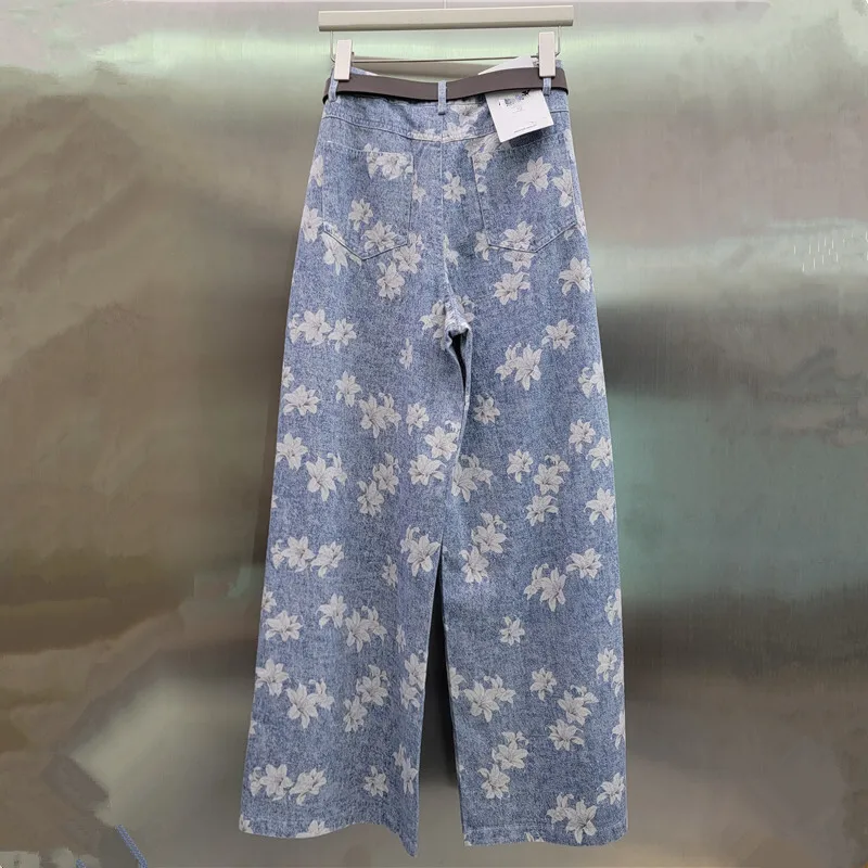 WTHT 패션 프린트 스트레이트 청바지 여성용 새로운 트렌디 하이 웨이스트 벨트 디자인 와이드 레그 캐주얼 데님 바지 여성 1LS1945