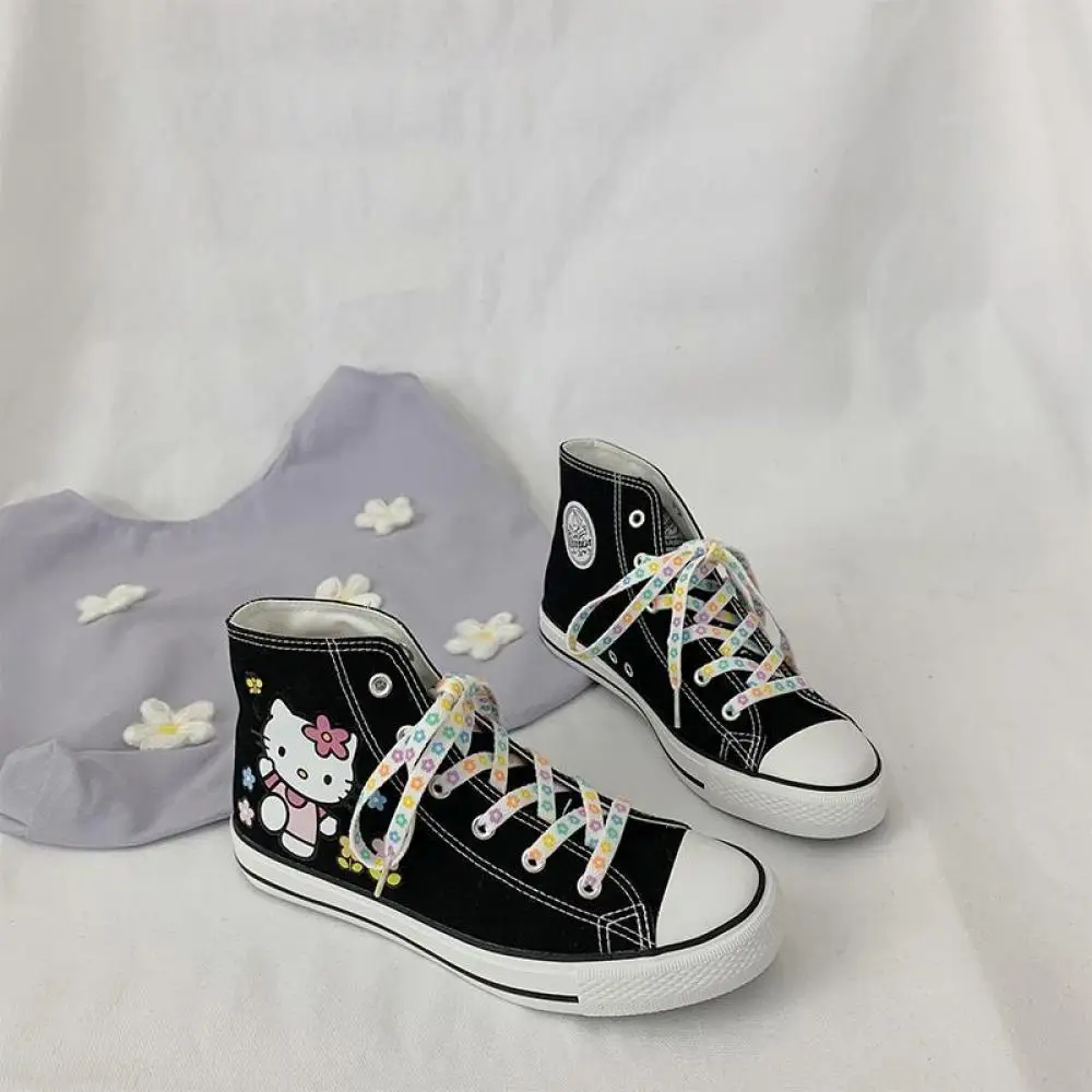 Kawaii Sanrio Hello Kitty Women High-Top Canvas Flat Shoes Spring Autumn Lace-Up Sport Shoes Non-Slip Sneakers Zapatos De Mujer