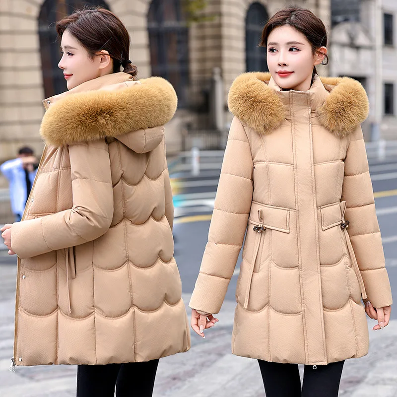 Hooded Women Parkas Coats Long Overcoat Solid Big Fur Lenth Collar Drawstring Waist Zipper Loose Thick Casual Autumn Winter 2025