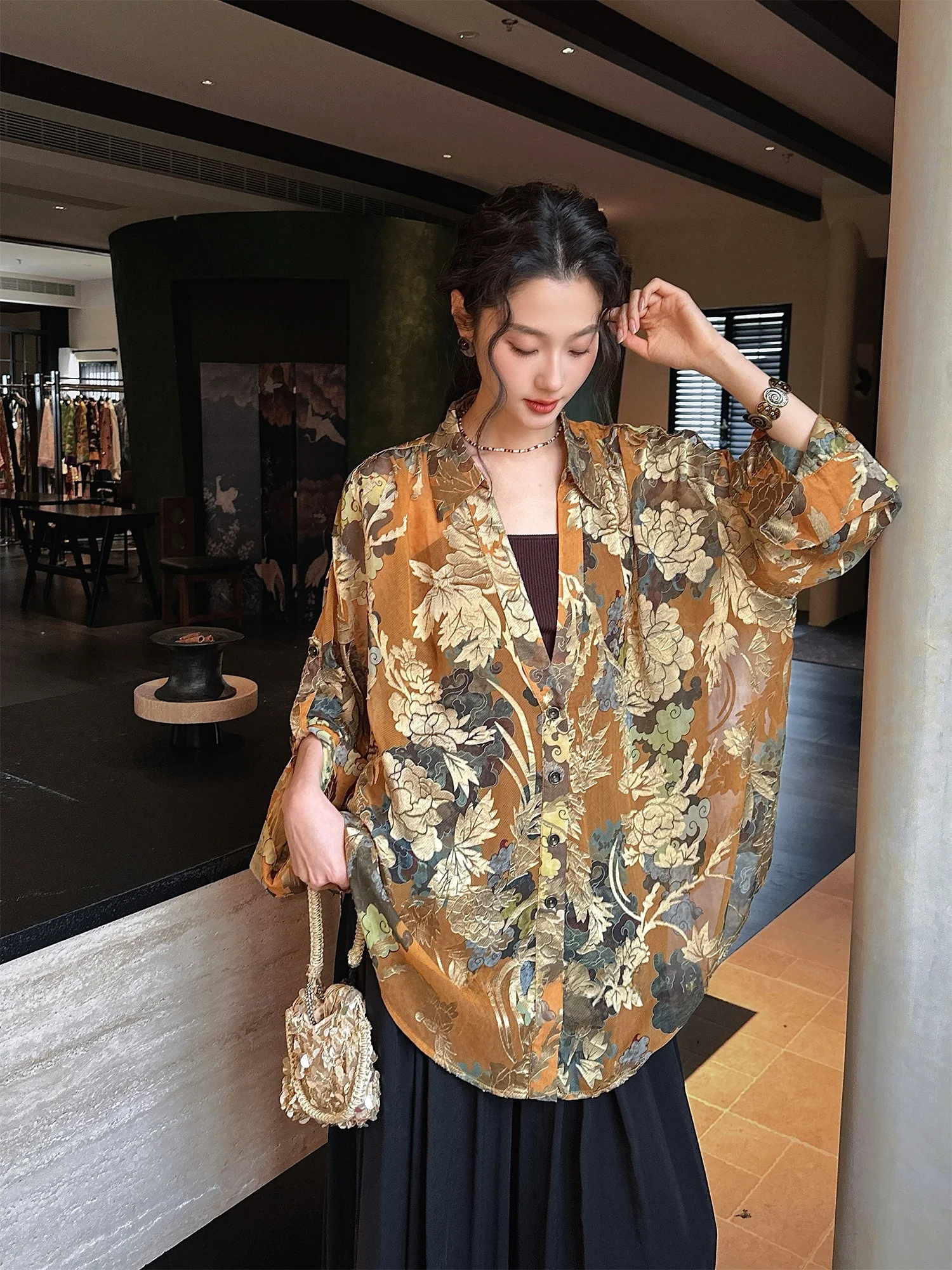 

Рубашка Sangji Black Flower из прозрачного шелка: Новинка ранней весны, женская повседневная модная блузка с длинным рукавом на пуговицах