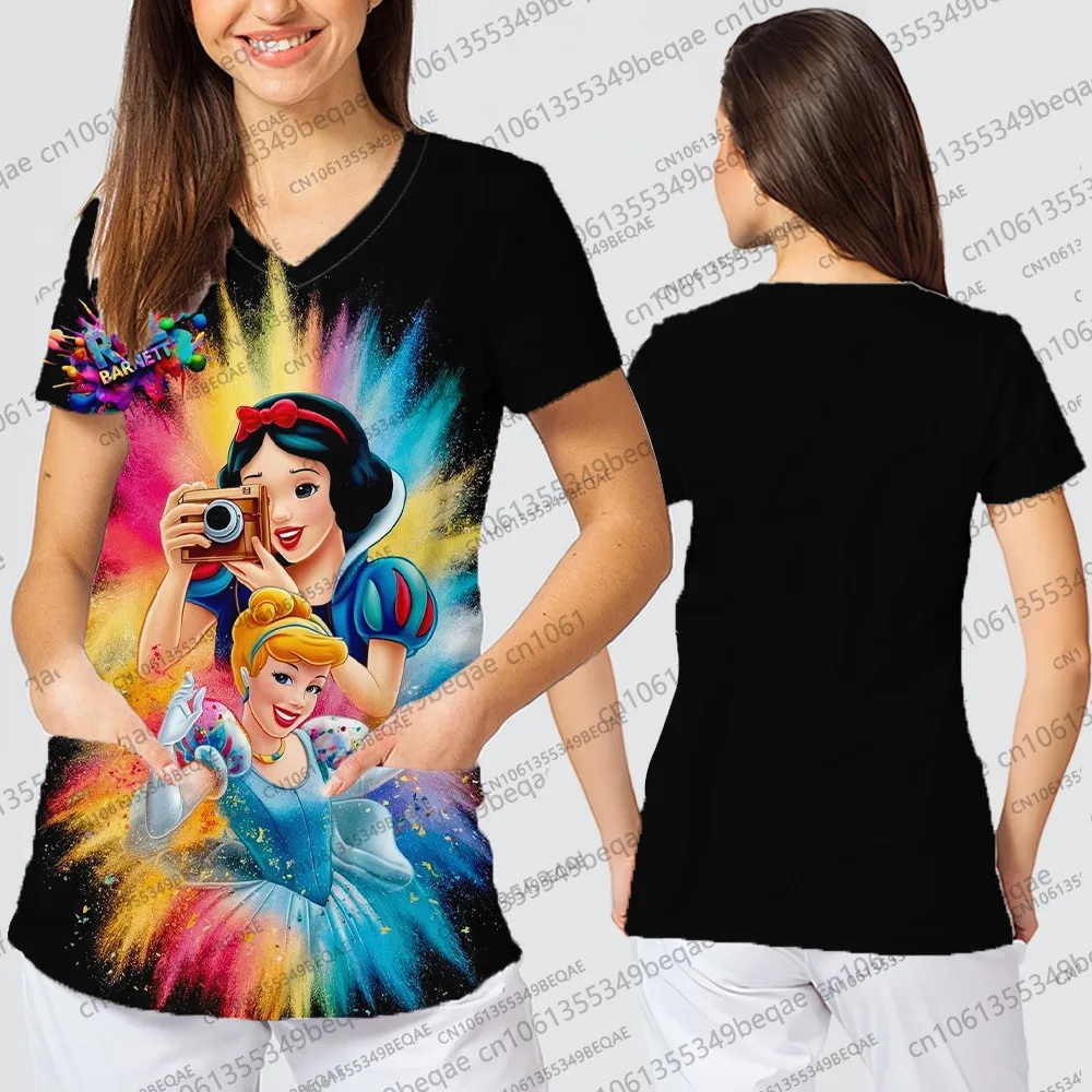 Disney dos desenhos animados impressão gráfica camisetas femininas verão casual com decote em v roupas estilo y2k na moda confortável uniforme de enfermeira para mulher