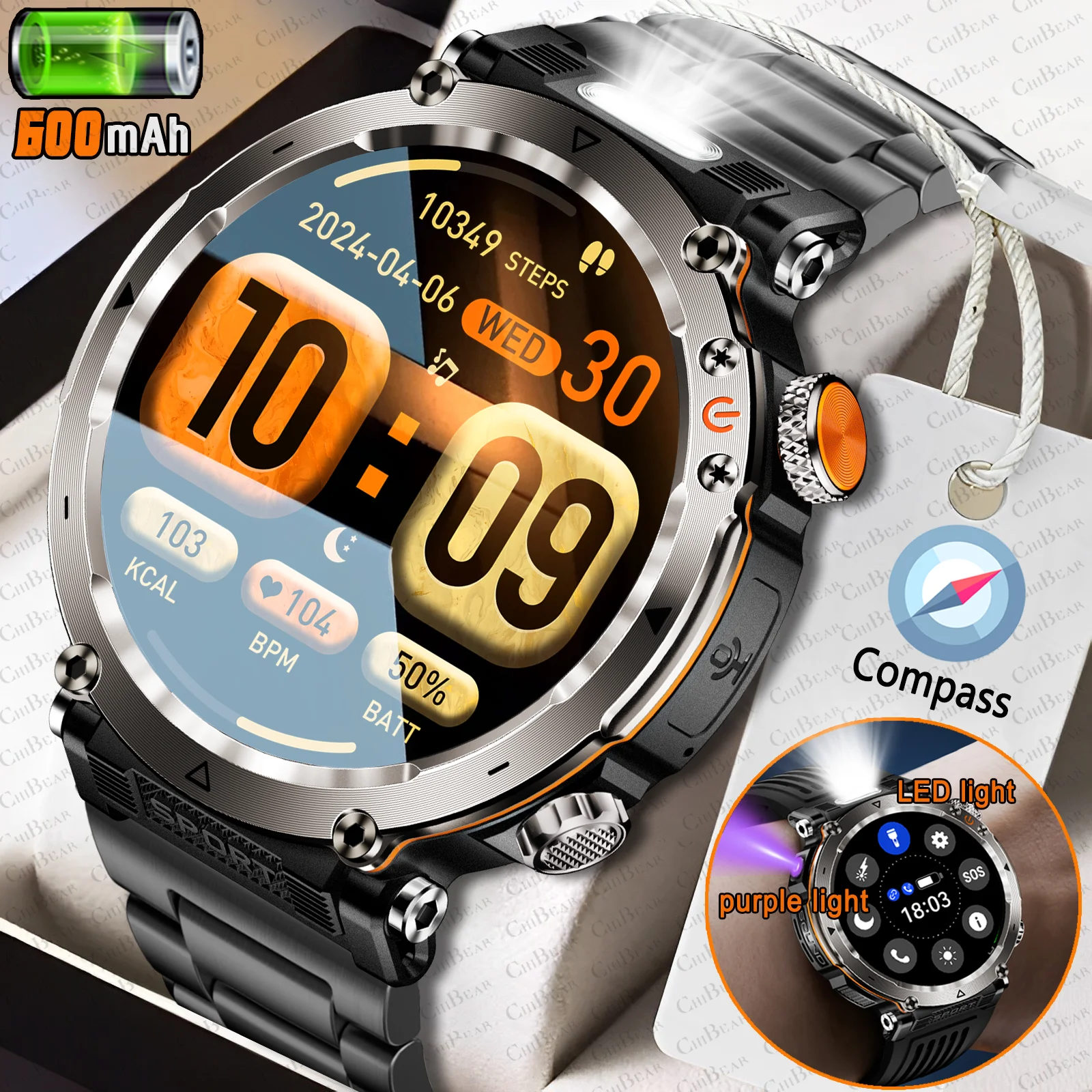 New Military Smart Watch Men Compass LED Flashlight 600mAh large Battery 1.7