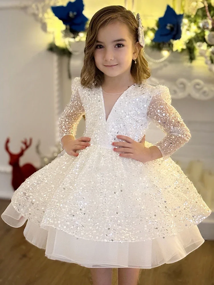 Manica lunga con paillettes a strati gonfi in tulle bianco per matrimoni, feste di compleanno, banchetti, abiti da principessa, abiti da ragazza di fiori personalizzati