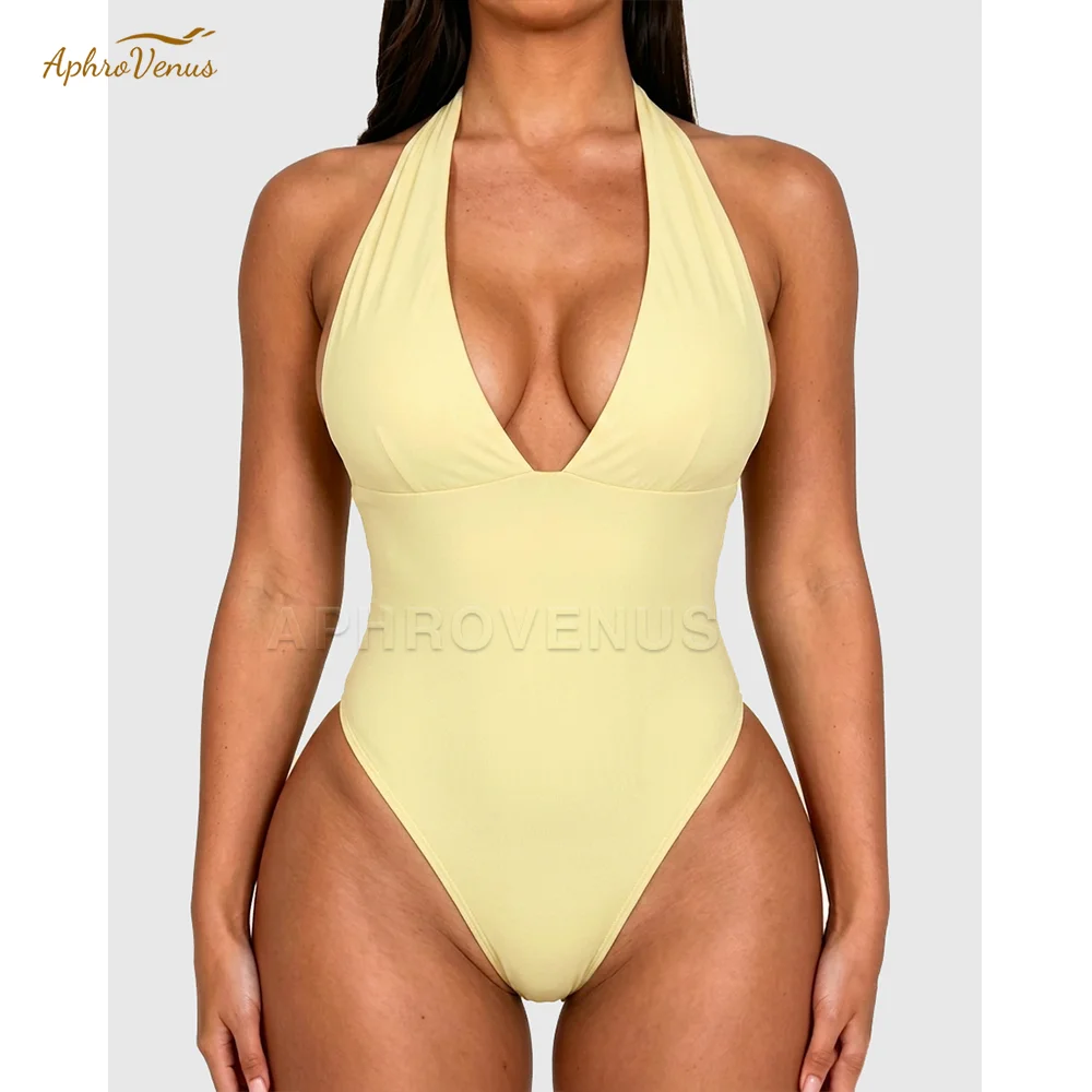 Women Halter One Piece Swimsuit Deep V Neck Double Tie Back High Cut Monokini Slim Bathing Suit Summer Beach Swimwear