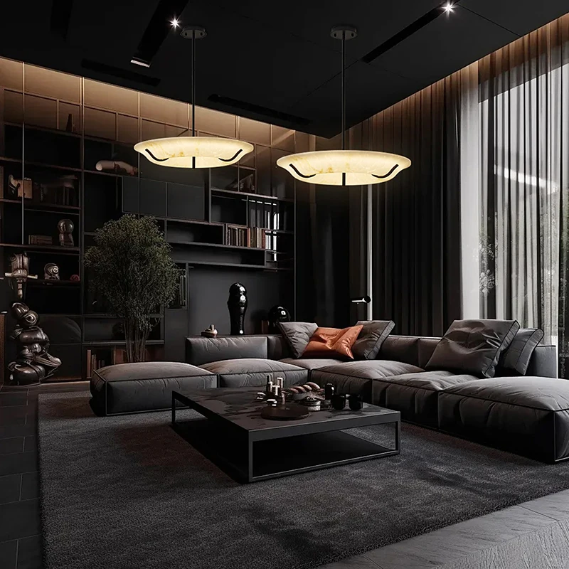Round Artificial Marble Hanging Chandelier For Living Room Bedroom Saucer Shaped Modern Design Pendant Light Led Decoration Lamp