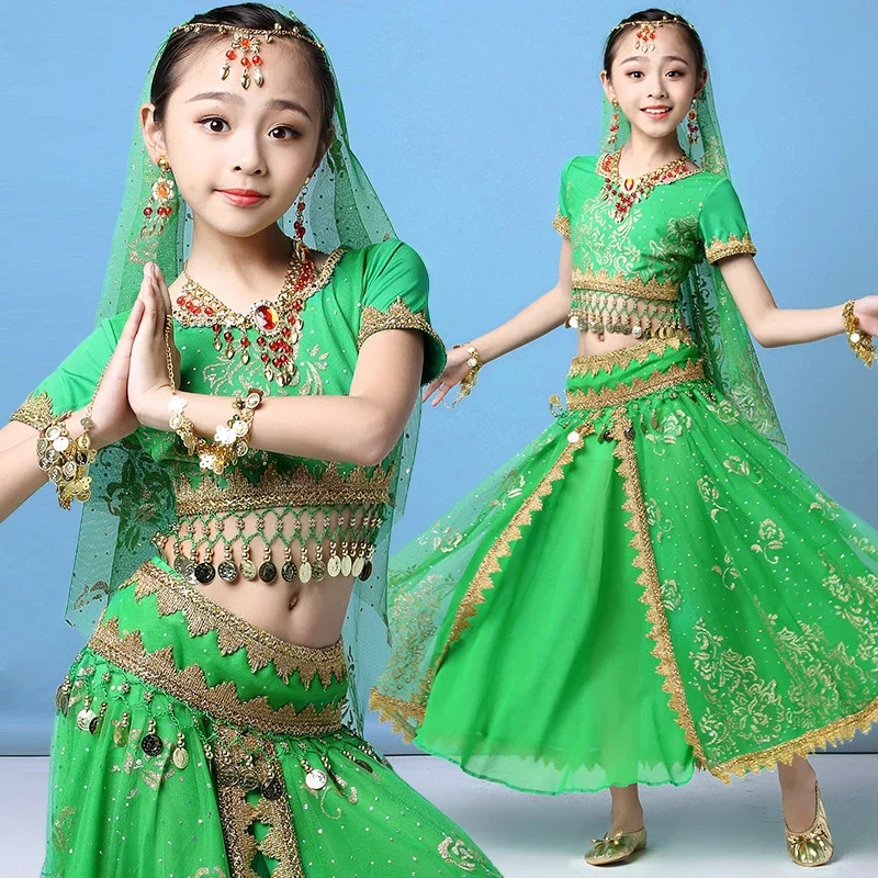 Bollywood Costume Set per bambino India vestito da ballo vestiti di danza del ventre danza del ventre spettacolo teatrale vestito in Chiffon 4 pz/set