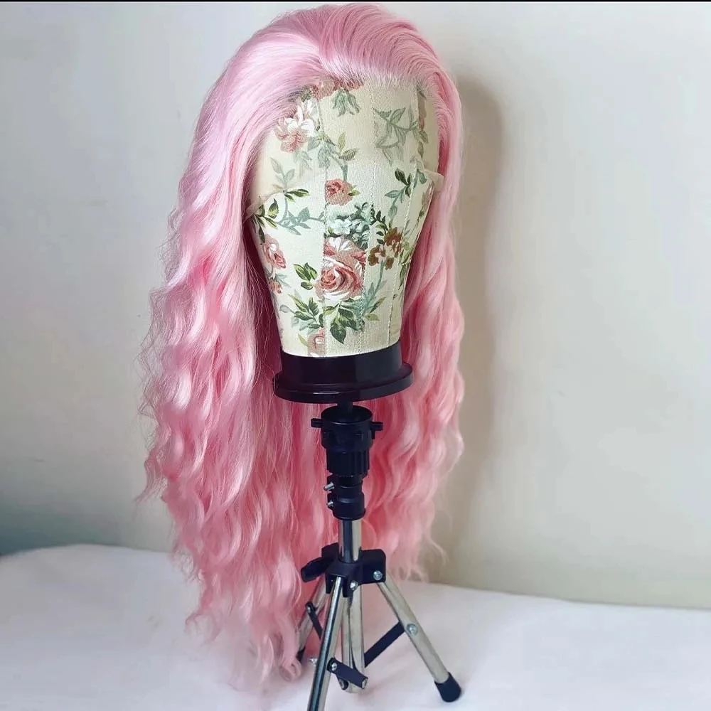 MXWIGS Deep Wave Pink Color Synthetic Lace Front Wigs with Free Part Natural Hairline Long Wavy Wigs Daily Use Wigs