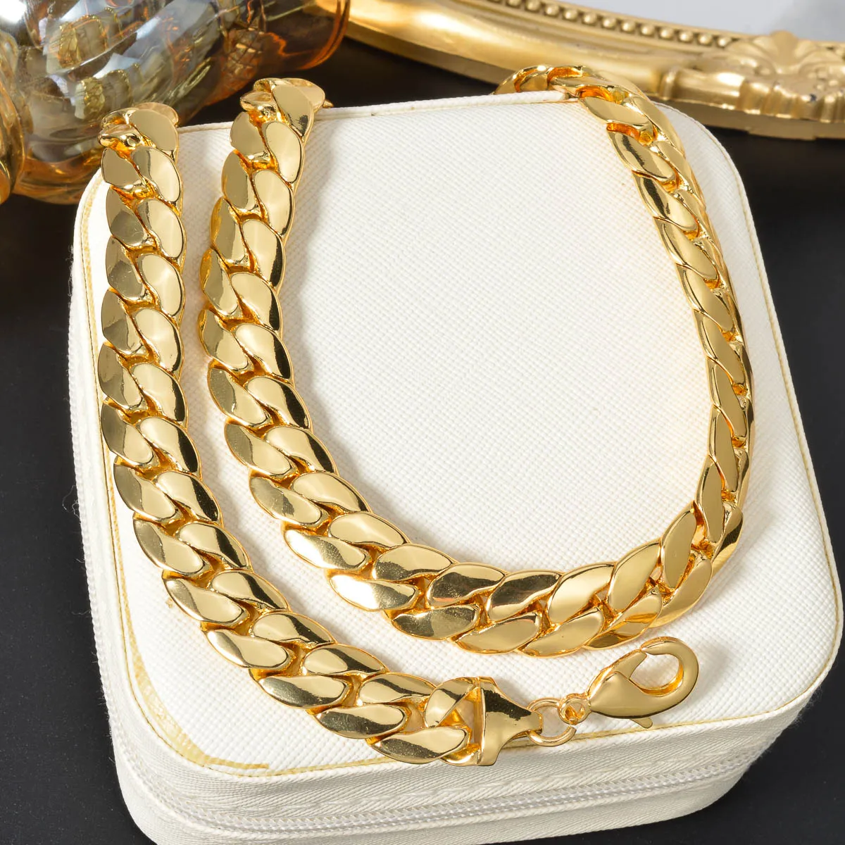 

Hip Hop Cuban Chain Set for Women Gold Plated Copper Necklace Bracelet Streetwear Trendy Unisex Jewelry Gift for Her