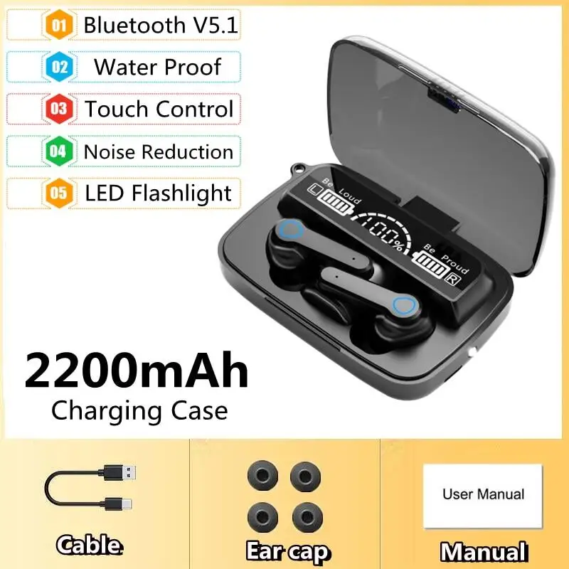 TWS Wireless Bluetooth Earphones Touch Control Music Headphones Noise Reduction Waterproof Earhook With Microphone Charging Box