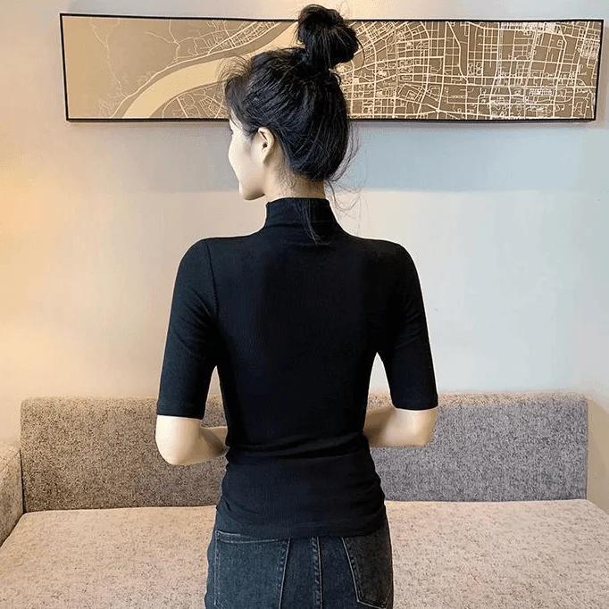 Camiseta Faion Slim Fit f de cuello alto Five Sve para mujer, Base de Color puro irt, Top de otoño e invierno, camiseta de calidad para mujer