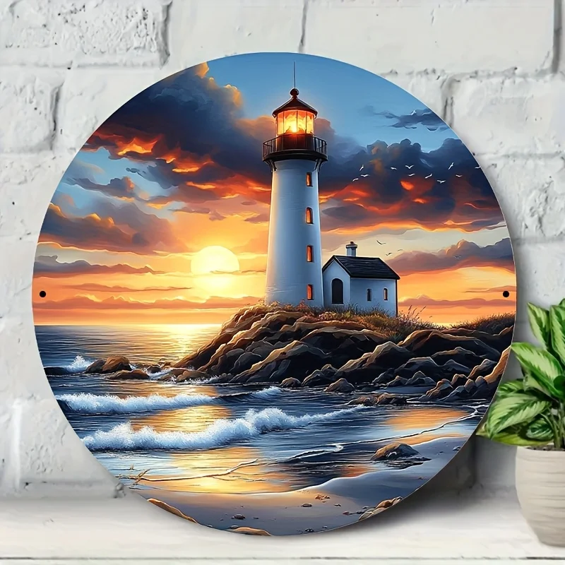 

2D Flat, 1pc Round 8x8 Inch Lighthouse Sunset Art Print On Aluminum – Vibrant Coastal Scene With Waves, Sand, And Dramatic Sky –