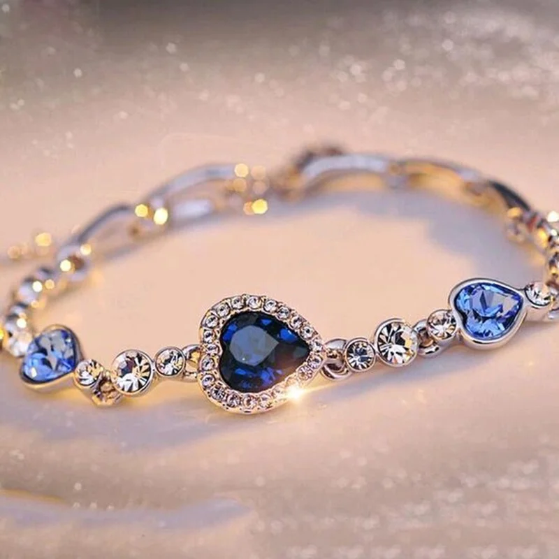 Brazalete de diamantes de imitación de cristal para mujer, pulsera azul océano, cadena de corazón, joyería, regalos de fiesta, pulsera de corazón de melocotón