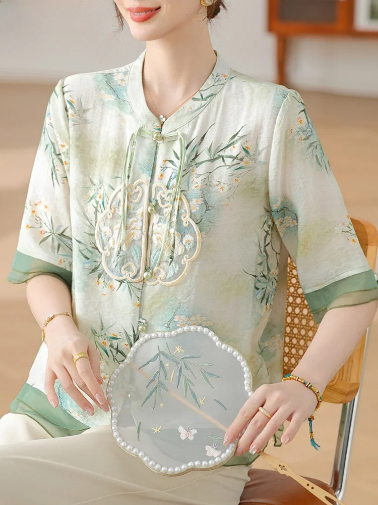 

Новая китайская хлопково-льняная рубашка-кардиган для женщин, летний топ свободного кроя с вышивкой, круглым вырезом и одной пуговицей