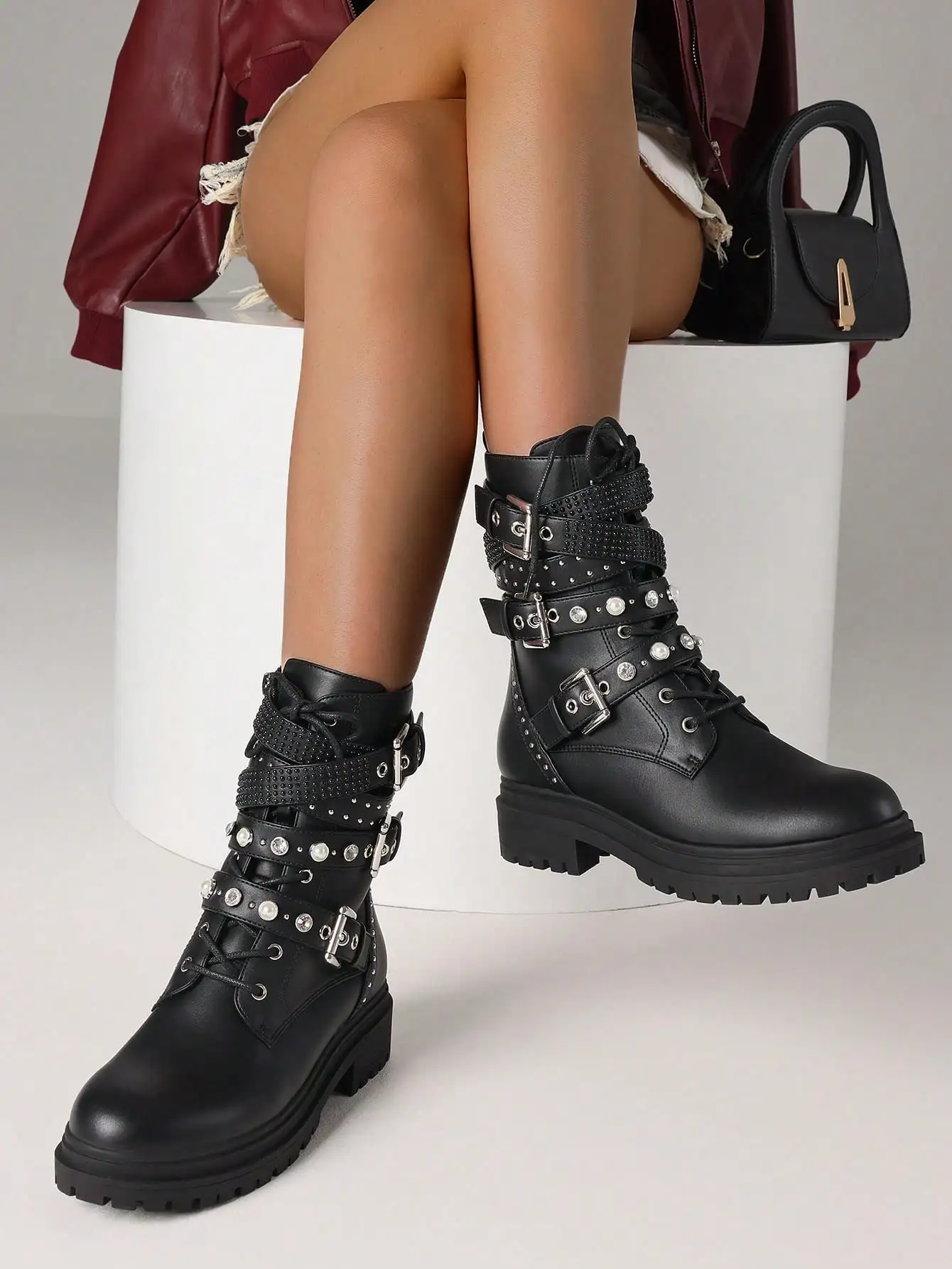 النساء فاسق أحذية قتالية الخريف الكاحل مشبك حزام رصع اللؤلؤ الراين الجانب سستة منصة الدانتيل يصل أحذية الخريف #1