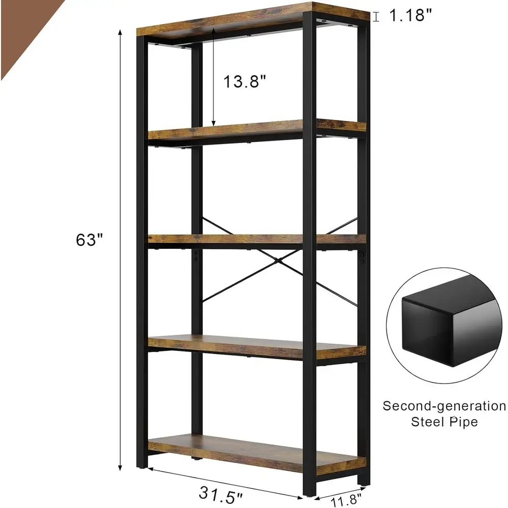 5-Tier Adjustable Heavy Duty Bookshel | Industrial Wooden Open Storage Rack with Black Metal e, Vintage Bookcase with Lock Wall