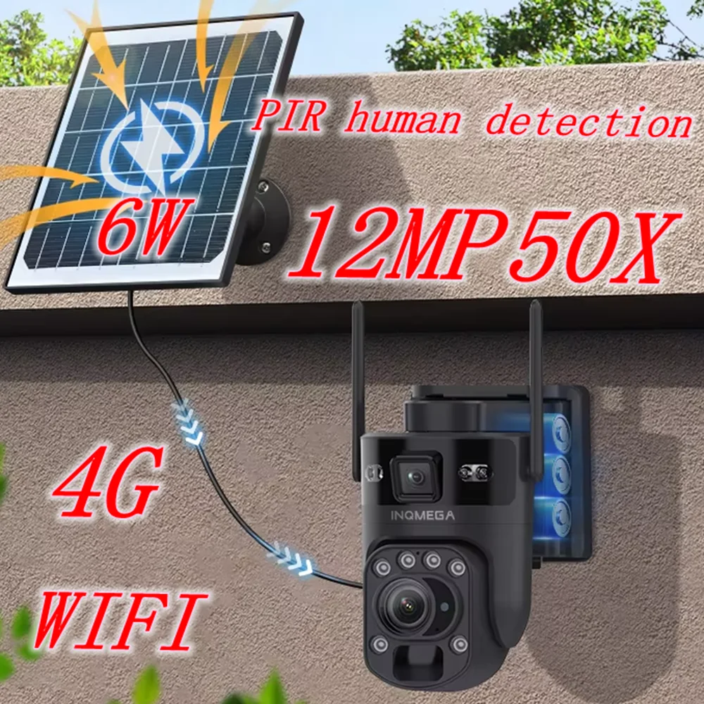 

6K 12MP 50X Outdoor WiFi Solar Camera PIR Human Detection Triple Lens Dual Screen 10500mAh Built-in Battery 4G Waterproof Camera