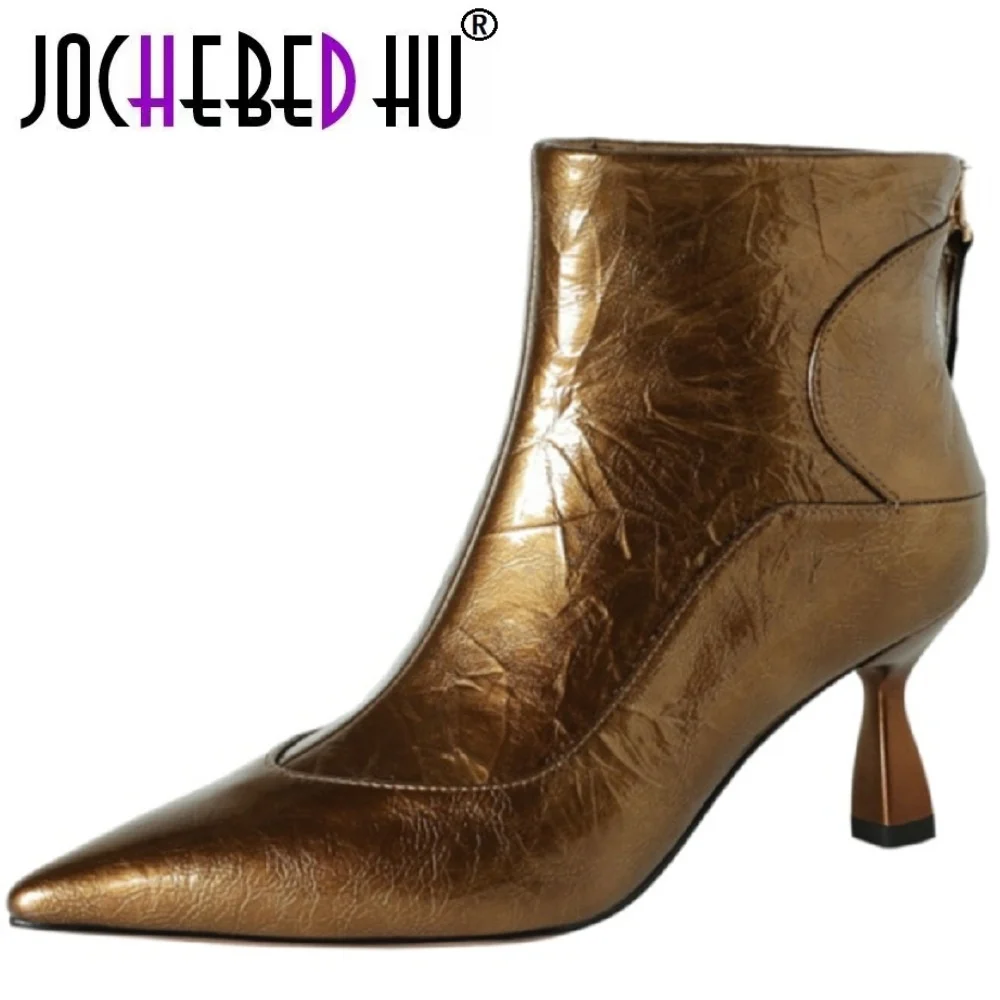 【JOCHEBED HU】Handmade Genuine Leather Soft and Comfortable Ankle Boots Pointed Toe Side Zipper High Heels Elegant 34-40