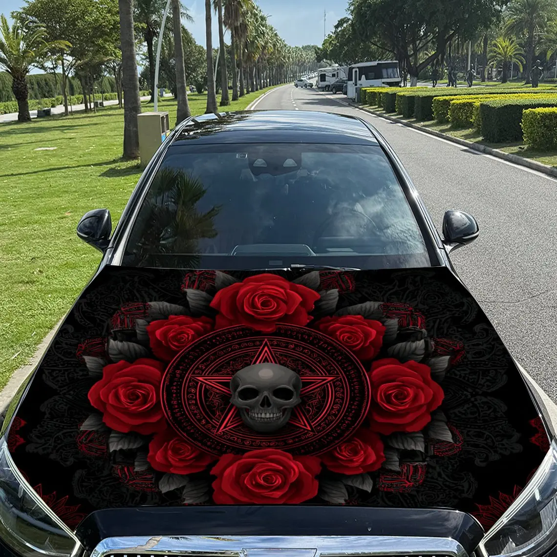 

Red Roses Surrounding Skull and Pentagram Car Vinyl Wrap, PVC Material Waterproof Car Hood Sticker, Self-Adhesive Scratch-Resist