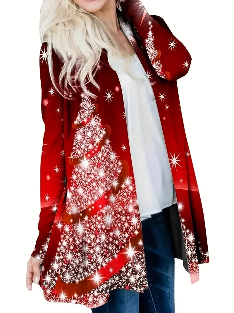 

Plus Size 1XL-5XL Women's Christmas Casual Cardigan with Christmas Tree Print Long Sleeved Cardigan